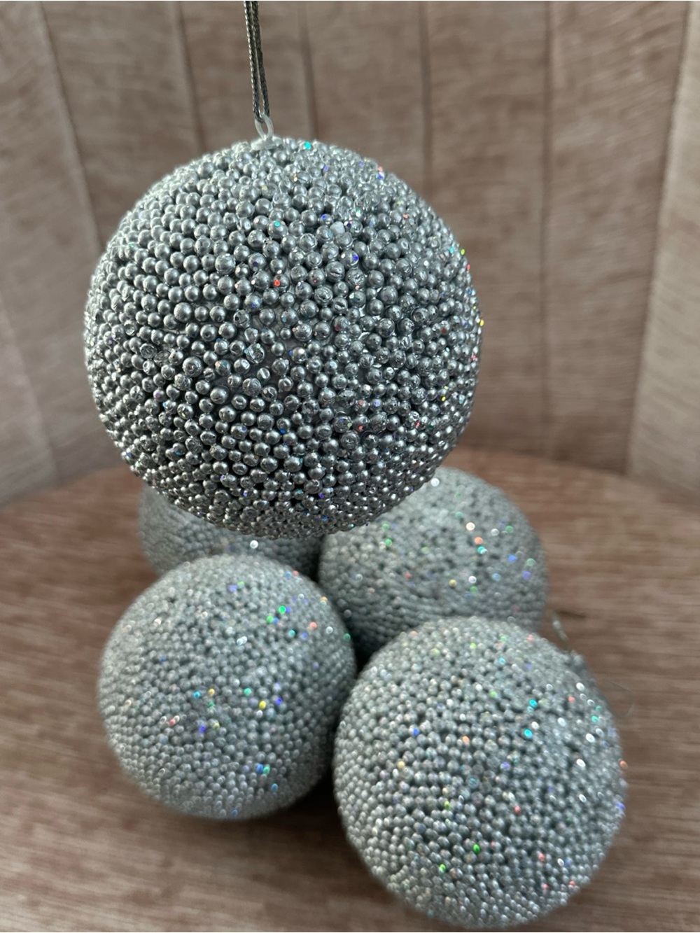 Large Silver Styrofoam Beaded Glitter Ball Christmas Lot Of 5 Ornaments VTG
